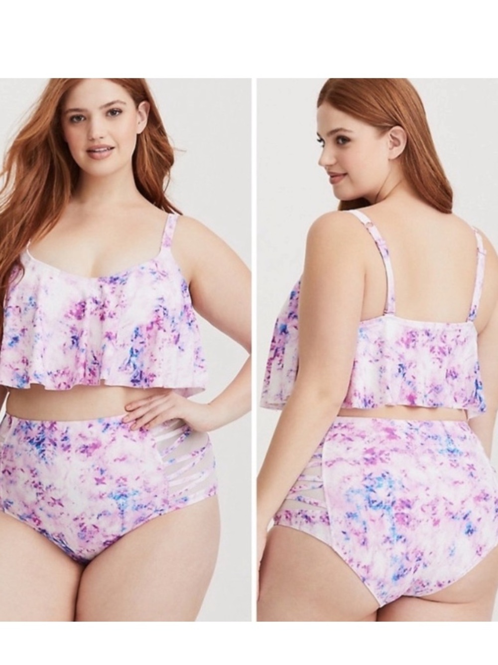 Torrid 1X swimsuit tie dye flounce bikini wireless high waist bottoms XL